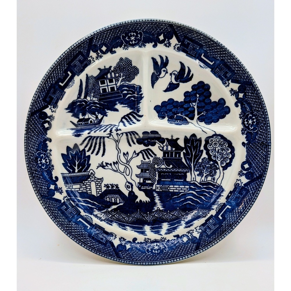Vintage Blue Willow Divided Grill Plate Made in Japan Cobalt Blue White Set of 2